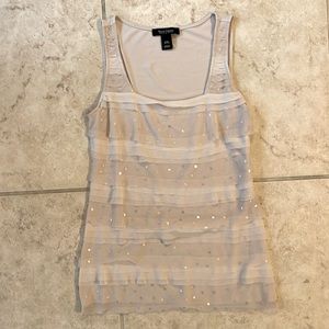 White House Black Market size XXS beautiful ruffle tank with silver polka dots
